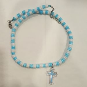 Baby blue n white silver toned cross new in box